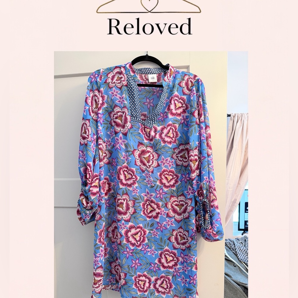 CAbi Blue and Pink Floral Long Sleeve Dress
